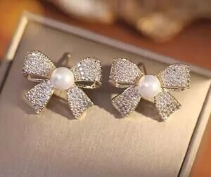 Pearl Rhinestone Bow Earrings